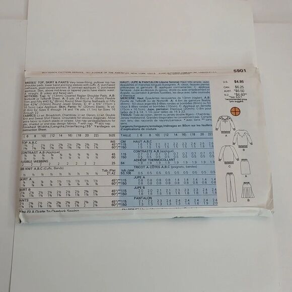 Vintage 80s Butterick Pattern 5901 Uncut Sweatshirt Skirt Pants 6 8 10 - Picture 4 of 9